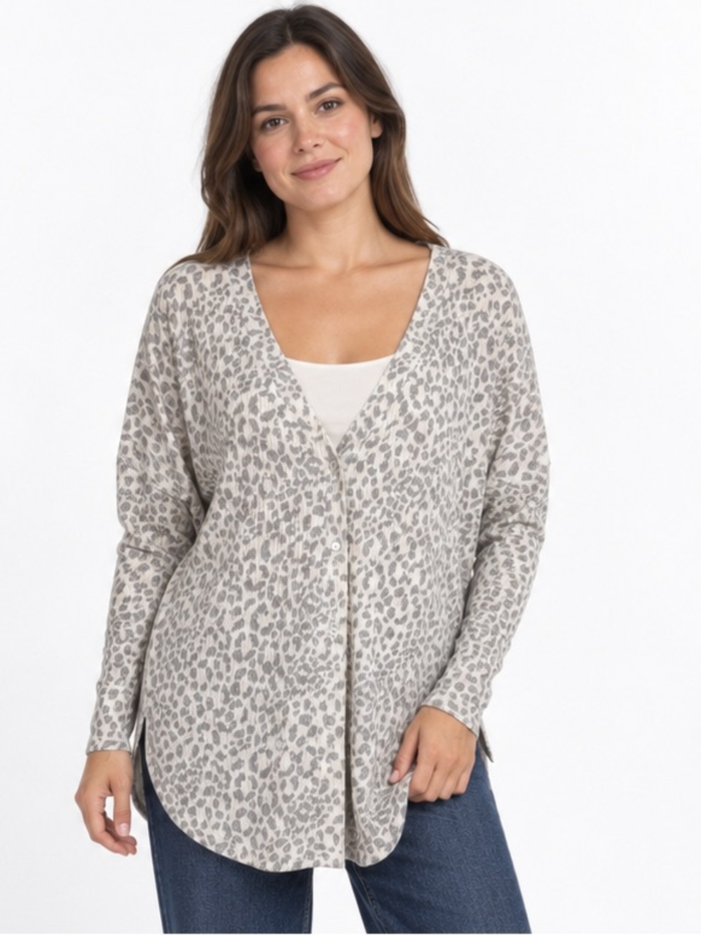 Z Supply Calli Rib Hacci Leopard Oversized Button Cardigan Oatmeal Medium
